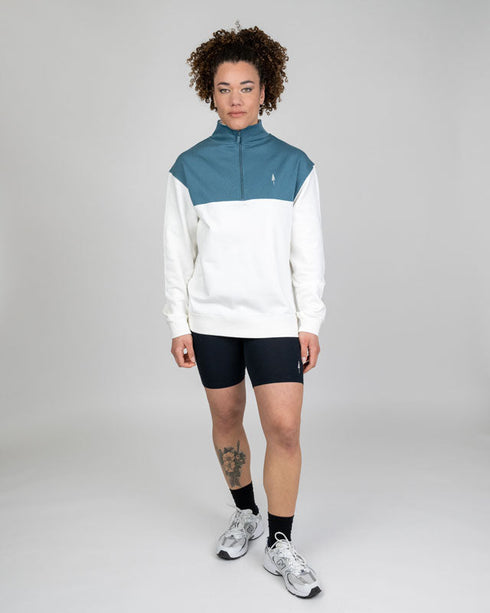 TreeSweater Quarter Zip Colorblock Off White-Faded Teal